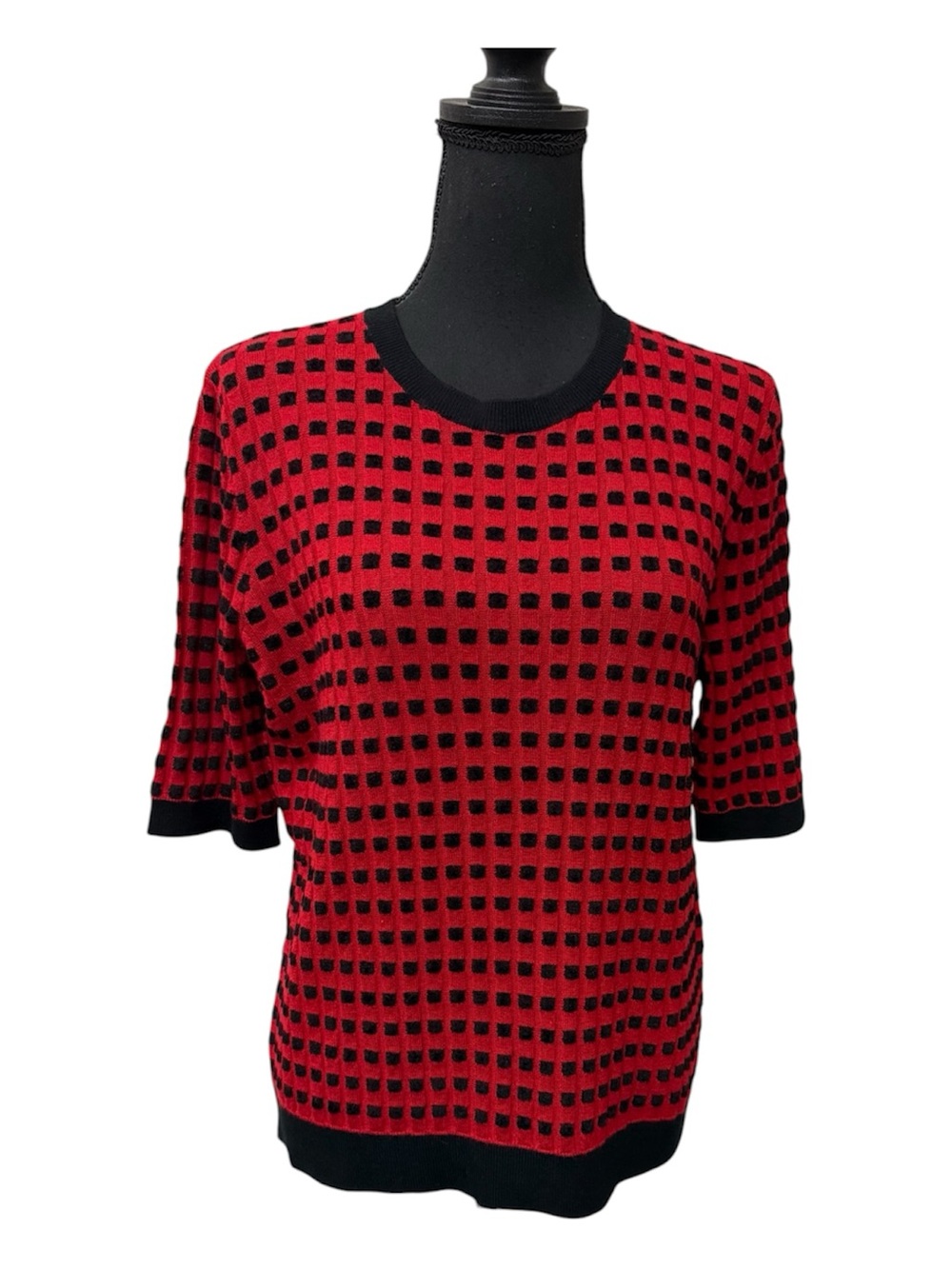 Worth New York Red Black Check Sweater Top Wool Blend Large